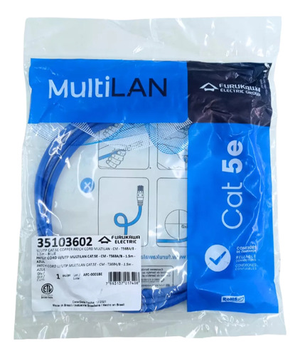 30 Patch Cord Furukawa Multilan Cat5e 1,5mt Azul 35103602