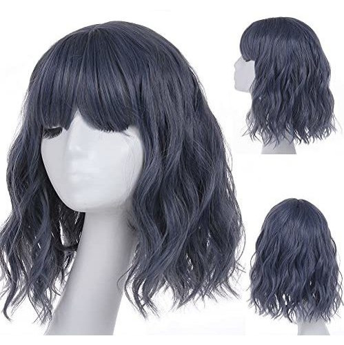 Leeven Natural Wavy Wig Con Bangs Short Bob Wigs Yn87l