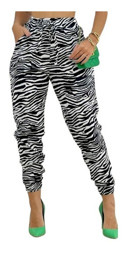 Calça Feminina Jogger Estampada Zebra Animal Print Cordao