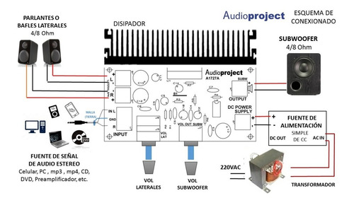 Imagen 5 de 7 de Amplificador 2.1 11+11+38 Watts Con Fuente Trafo Y Disipador