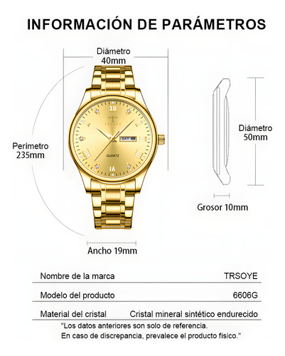 Reloj De Cuarzo Dorado Con Calendario Luminoso Caballero Dorado Dorado Dorado
