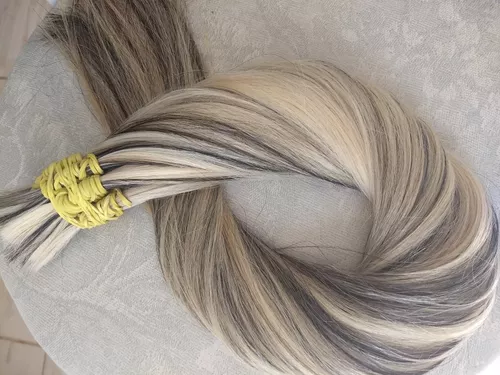 Cabelo Humano Loiro Platinado Mechado Nacional Tela 30g 60cm