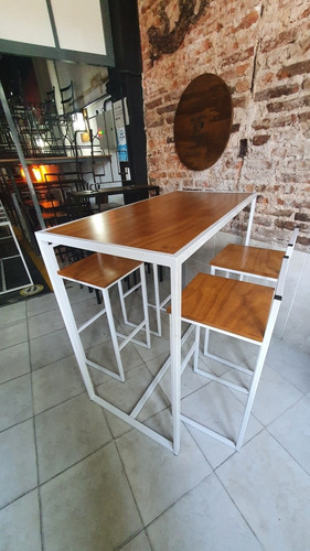 Mesa Desayuno Barra 120x60 + 4 Taburetes Industrial Madera