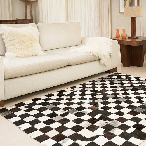 Alfombra Patchwork De Cuero Vacuno, Modelo Mix 1,50 X 2,10 M Color Negro Diseño De La Tela Cuadros