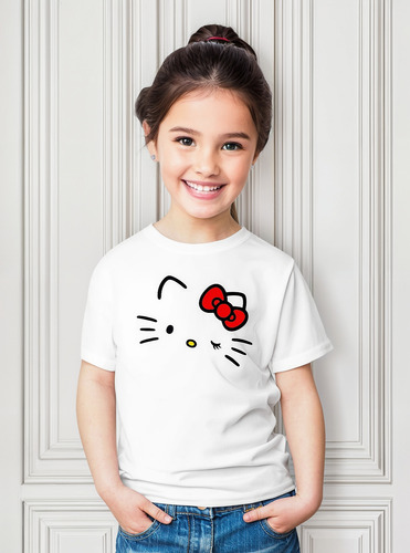 Polera Niña Regalo Diseño Gato Gatito Cat Hello Kitty Face 2