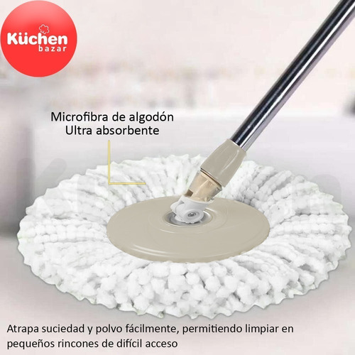 Imagen 5 de 10 de Balde Mopa Centrífuga Acero Lampazo Giratorio Con 3 Repuestos De Microfibra Ultra Absorbente Trapeador Pisos - 6 Cuotas