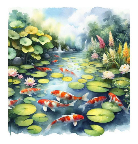 Vinilo 100x100cm Koi Paisaje Sereno Acuarela Relajacion M3