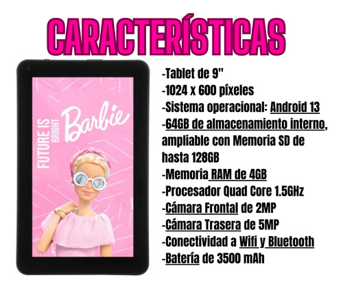 Tablet 9 Infantil Barbie 64gb Con Auriculares De Regalo