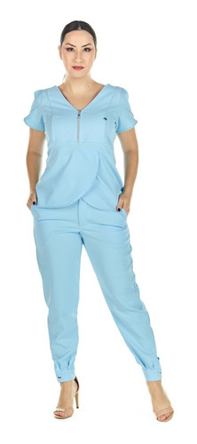 Conjunto Scrub Feminino Manga Curta Transpassado Azul Bebê