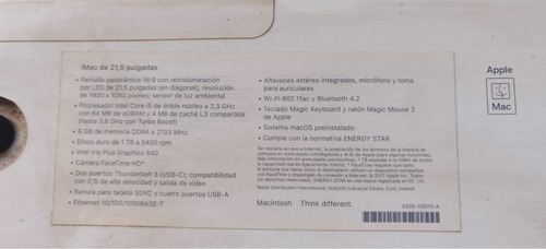 iMac Modelo 2019 De 21,5 Pulgadas Color:gris Seminueva (Usado)
