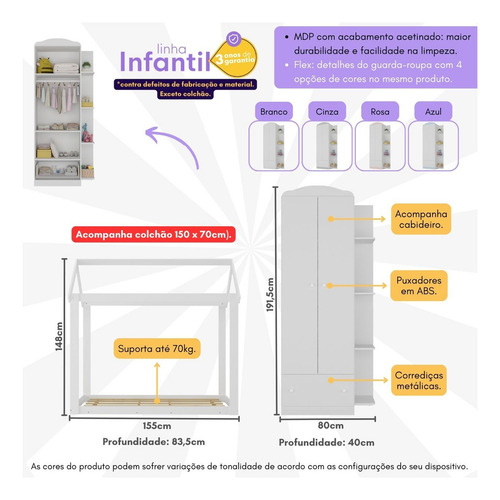 Quarto Infantil com Cama Montessoriana/Colchão/Guarda-Roupas João e Maria Multimóveis MX4272 Branco