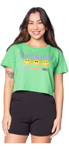 Camiseta Cropped Feminina Infinitto Lady Be Happy Verde