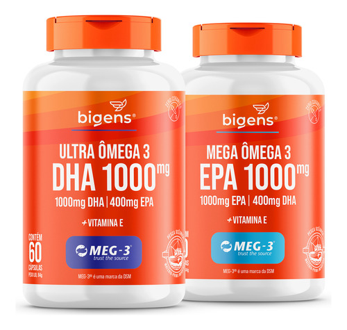 Kit Com Ultra Ômega 3 Dha 1000mg + Mega Ômega 3 Com Epa 1000mg + Vitamina E, 120 Cápsulas | Biogens