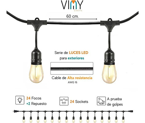 Guirnalda De Luces P/exterior Led 15m 26 Focos Para Exterior