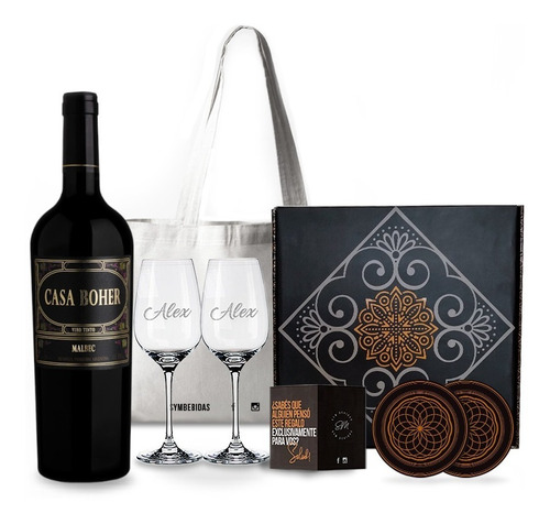 Box Set Vino Casa Boher Malbec 2 Copas Transparente Grabadas