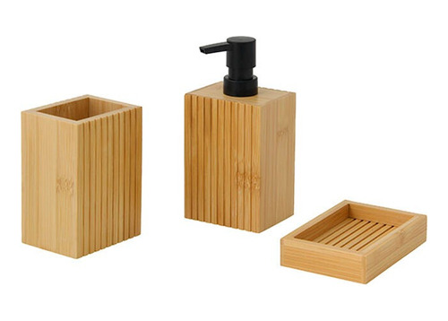Set De Baño Bambu 3p C/ Jabonera + Dispenser + Porta Cepillo