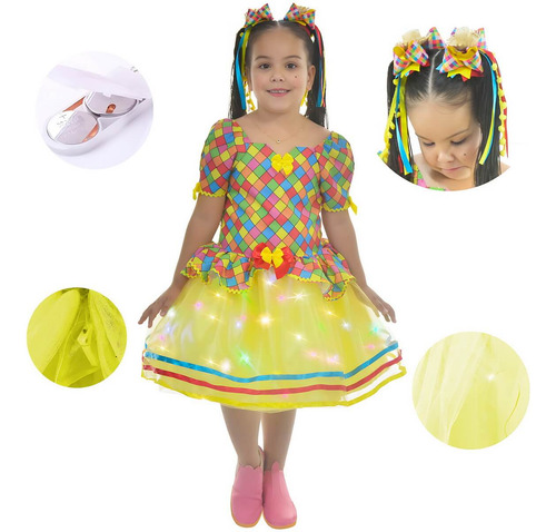 Vestido Festa Junina Xadrez Tule Amarelo Com Led + 2 Laço