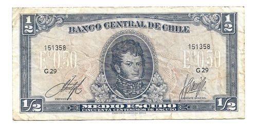 Billete Chile 1/2 Medio Escudo Bernardo O'higgins (1962)