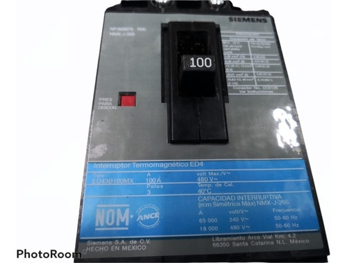 Interruptor Termomagnético Siemens 100a Modelo Ed43b100mx
