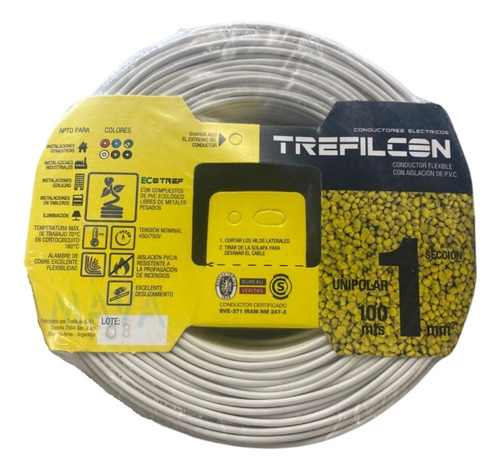 Cable Unipolar 1mm Blanco 100mts Trefilcon Certificado Iram