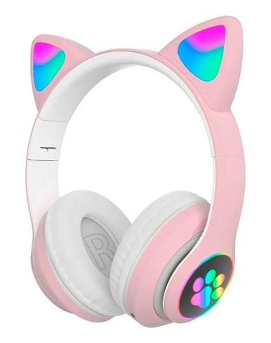 Auricular Bluetooth Gato Plegable Con Luces Led Rosado 