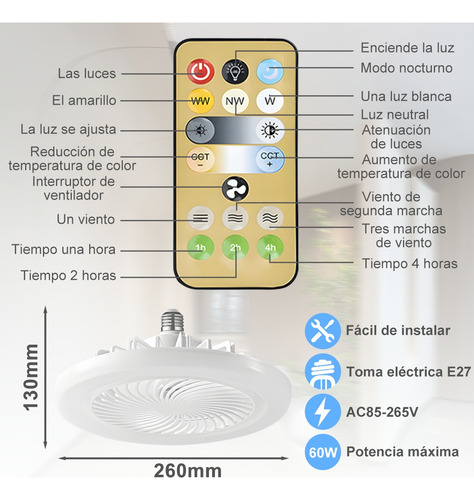 Ventilador De Lámpara Multifunción Foco Led De 30 W
