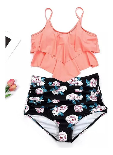 Dama Trajes De Baño Solid Floral Talle Alto Mujer Bikini