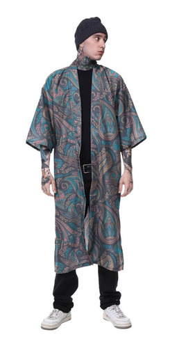 Kimono Haori Longo Oriental Koi Caxemira Paisley Japão Carpa