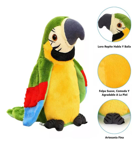 Robot Loro Repite Habla Baila Alas Peluche Pájaro Guacamaya