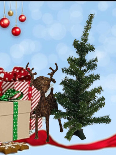 Kit Reno Navideño De Paja + Árbol De Navidad 60cm Decoracion