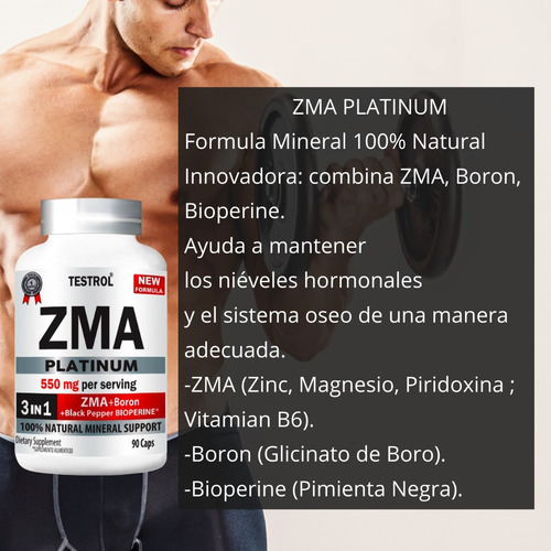 Imagen 4 de 10 de Zma Platinum Testrol Zma+boron+bioperine 90 Capsulas