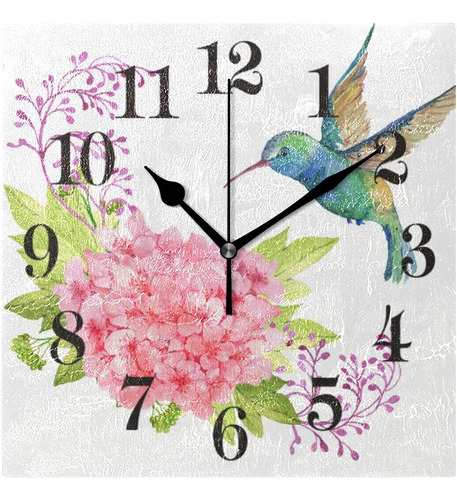 Wihve Hummingbird Pink Flower Vintage Square Reloj De Pared 