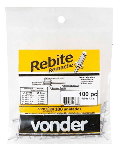 Pacote 100 Pecas Rebite Repuxo Aluminio 4,8x10,0mm Vonder