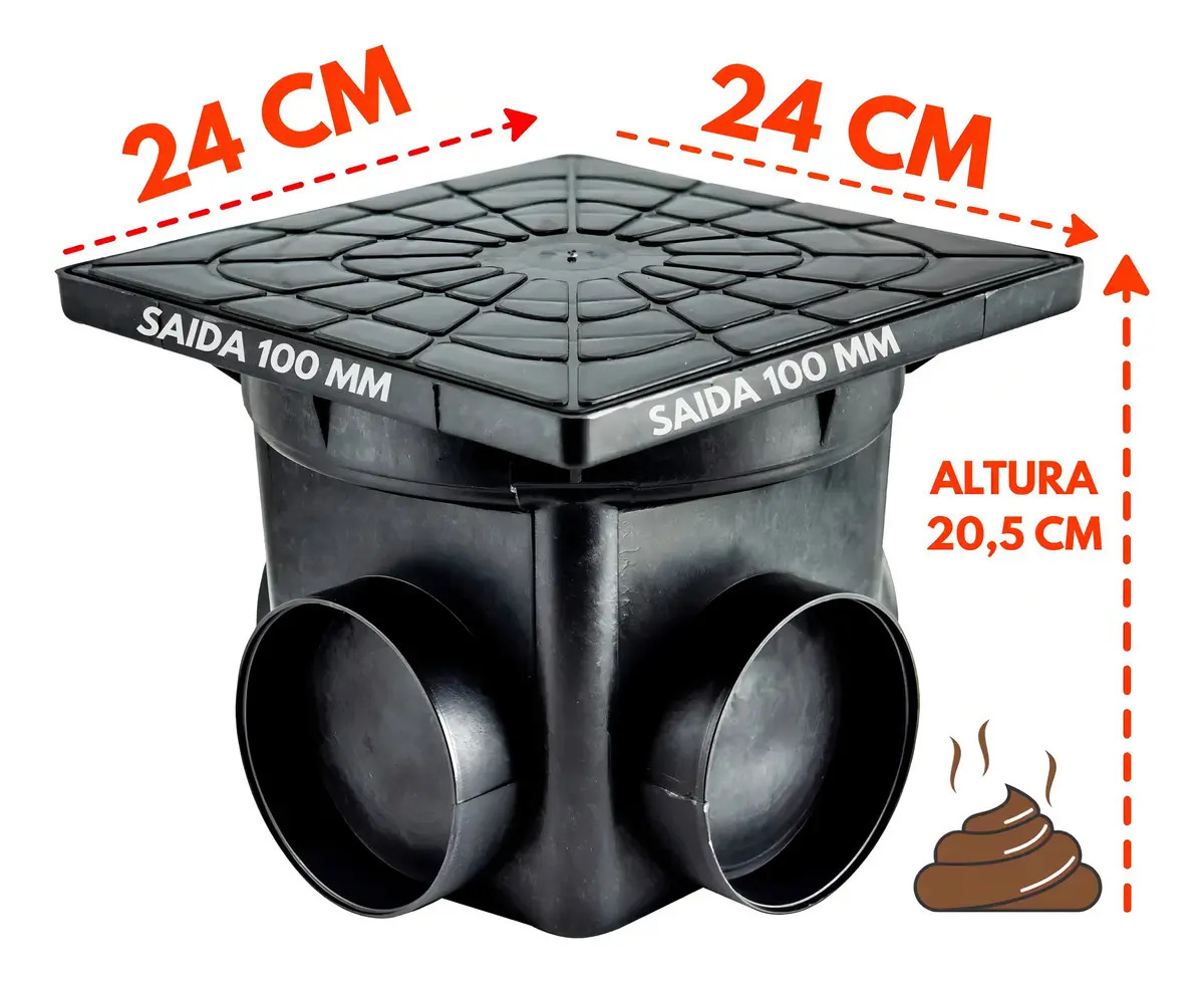 Caixa de Passagem Esgoto Preta 4.5L VMC Plásticos 4 Saídas 100mm