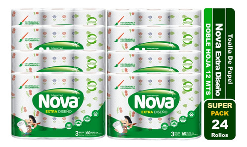 Toalla De Papel Nova Extra Diseño Doble Hoja 24 Rollos