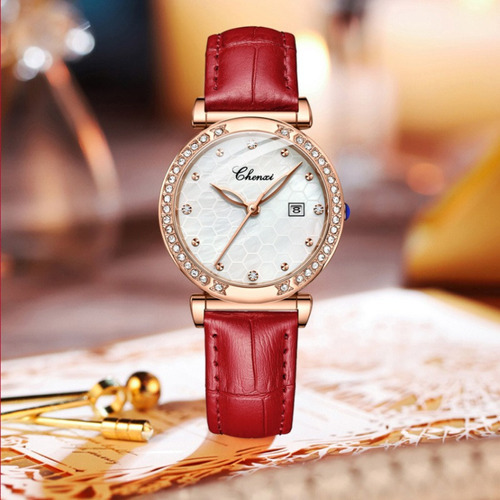 Reloj Chenxi Diamond de piel con calendario para mujer, color negro
