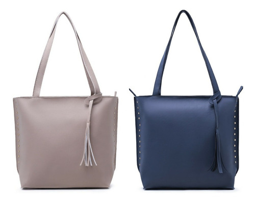 Bolsa Sacola Feminina 3 Cores Super Kit Com 2 Cor Azul-marinho E Marfim Desenho Do Tecido Liso