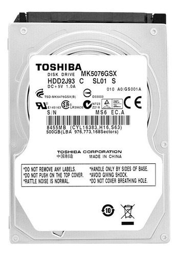 Hd Sata Toshiba 500gb Mk50 Series 2.5 Para Notebooks Cor Prateado