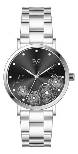 Reloj De Mujer V1969 Italia 1122-16 Plateado De Flores Fondo Negro