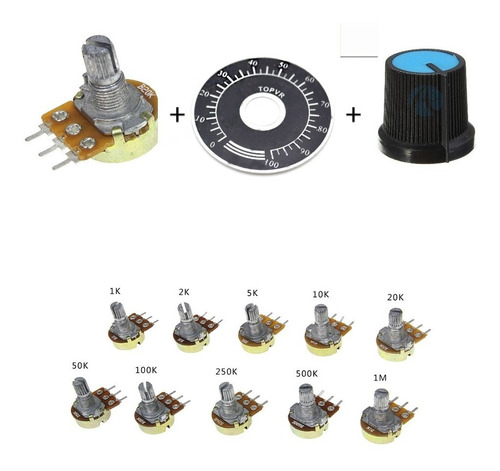 3 Piezas Potenciometro Con Escala Y Perilla 100k Ohm