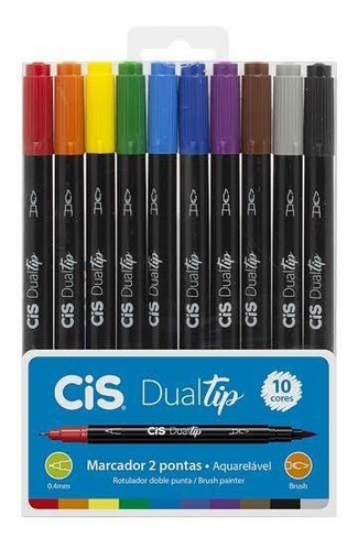 Caneta Brush Cis Dual Tip 2 Pontas 10 Cores