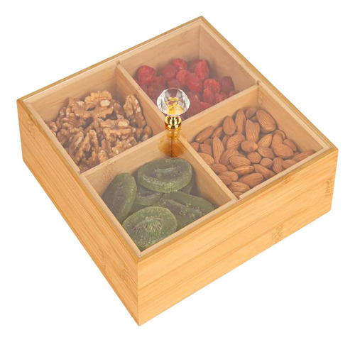 Caja Te Organizador Bambú Con 4 Divisiones Tapa Plástico Marrón Claro