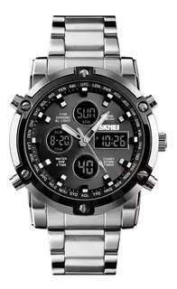 Reloj pulsera Skmei 1389 de cuerpo color plateado, analógico-digital, para hombre, fondo negro, con correa de acero inoxidable color plateado, agujas color blanco y gris, dial negro, blanco y gris, su