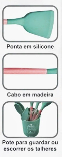 Jogo De Utensílios Cozinha De Silicone Cabo Madeira 12 Peças