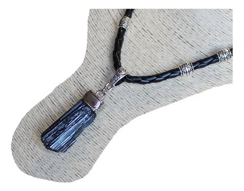 Collar Cuero Trenzado Dije Turmalina Negra - Hombre Y Mujer