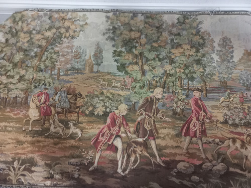 Gobelino Frances Autentico 1.37 X 70 Cm Incl Banda Marco Verde Claro Escena Cacería
