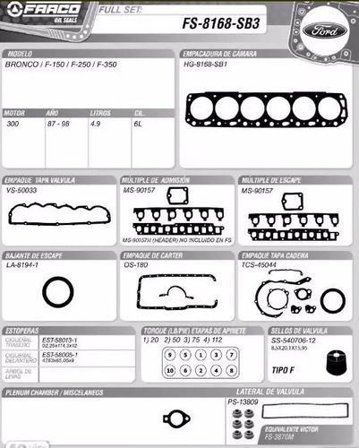 Juego Empacaduras Completa Fraco Ford 300 Modelo Nuevo/viejo