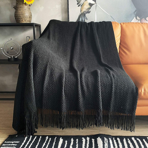 Manta De Punto Con Borlas Textura Burbujas Negra 152 X 203 C