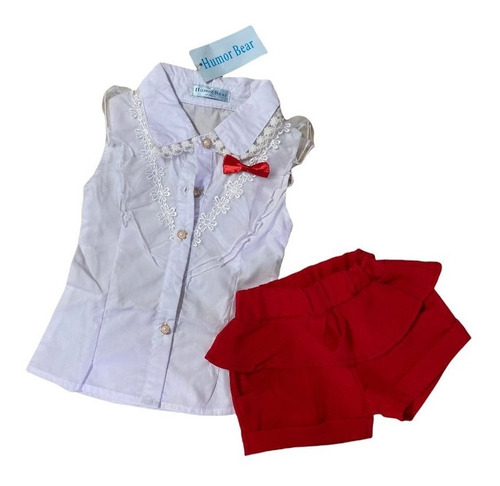 Conjunto X 2 Piezas Camisa Con Moño Rojo Y Short Con Bolero