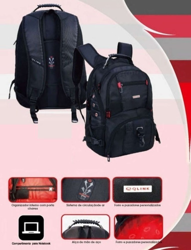 Mochila Notebook Reforçada Grande Almofada Respirável Qlink Cor Preto